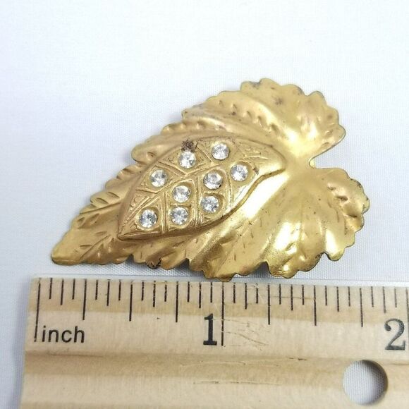 Vintage Gold Tone Leaf Shape Rhinestone Encrusted Dress Shoe Clip Brooch - Picture 5 of 6